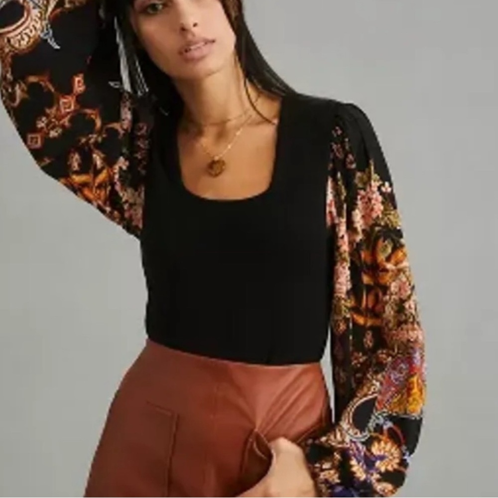 ANTHROPOLOGIE Bl-nk Black‎ Balloon Sleeve Contrast  Pullover Blouse Top